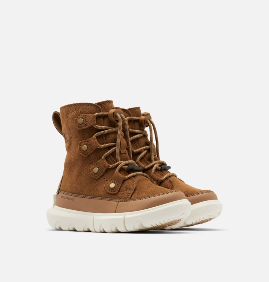 Sorel Switzerland Tan-chalk Explorer-Schnürstiefel Für Kinder Aus Samt